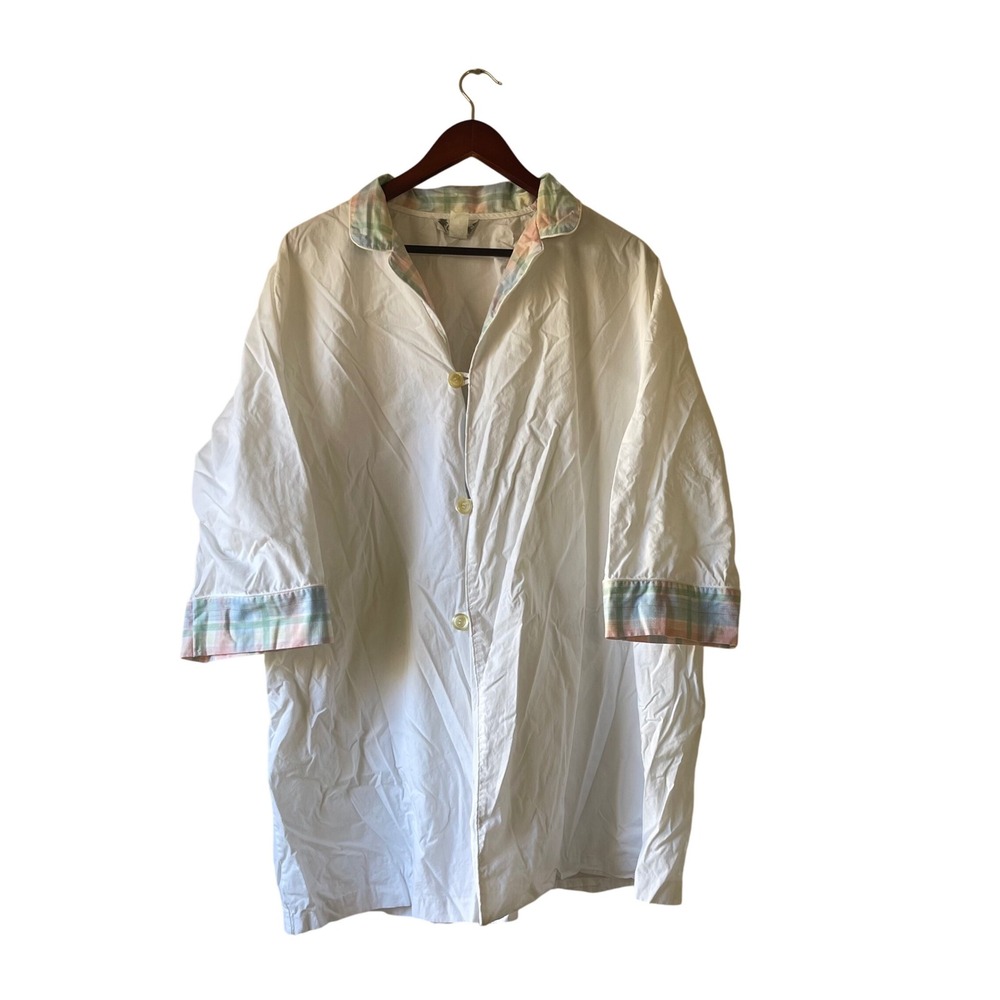 Vintage Cotton Nights Womens White Plaid Collar 3/4 Sleeve Button Nightgown XL